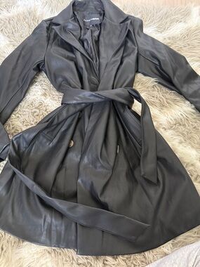 Fashion Nova Black Faux Leather Belted Trench